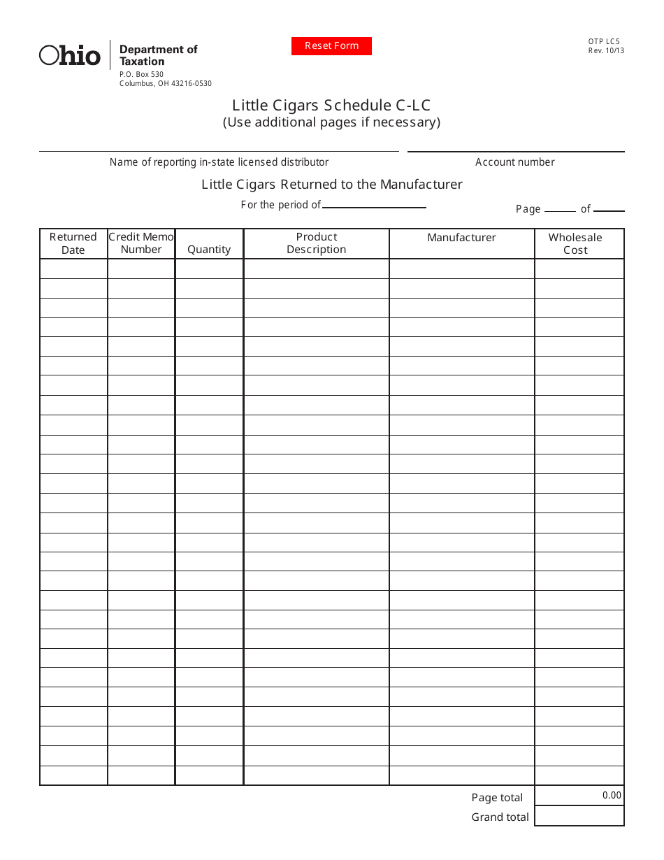 Form OTP LC5 Little Cigars Schedule C-Lc - Little Cigars Returned to the Manufacturer - Ohio, Page 1