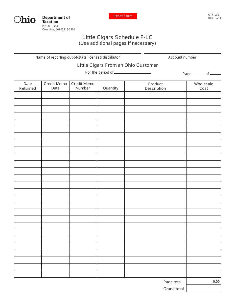 Form OTP LC9 Little Cigars Schedule F-Lc - Little Cigars From an Ohio Customer - Ohio, Page 1