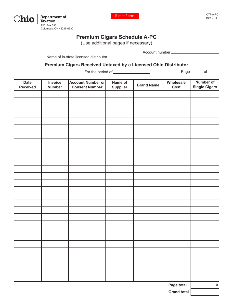 Form OTP-A-PC Premium Cigars Schedule a-Pc - Premium Cigars Received Untaxed by a Licensed Ohio Distributor - Ohio, Page 1