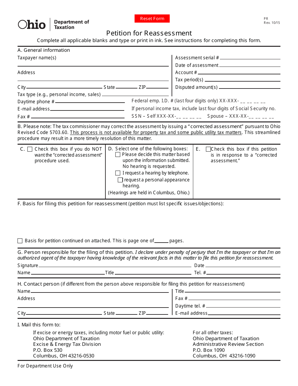 Form PR Petition for Reassessment - Ohio, Page 1