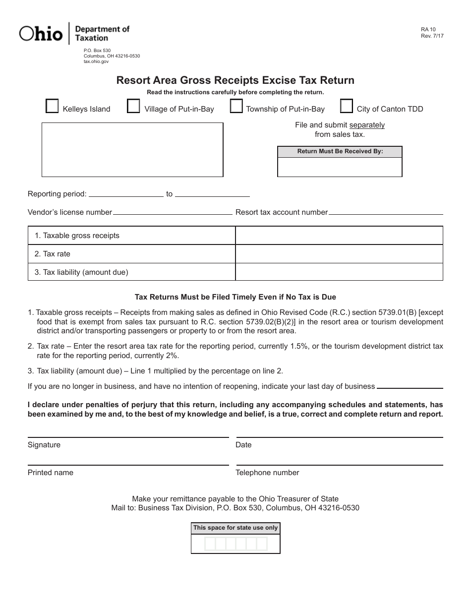 Form RA-10 Resort Area Gross Receipts Excise Tax Return - Ohio, Page 1