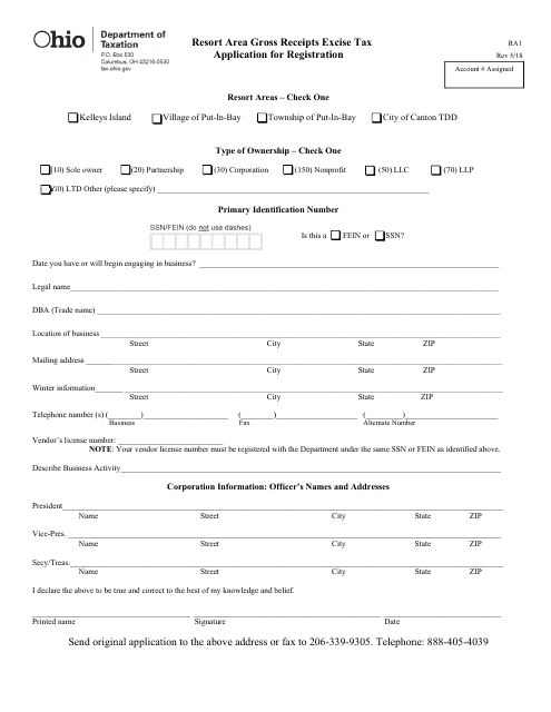Form RA-1 Application for Registration - Resort Area Gross Receipts Excise Tax - Ohio
