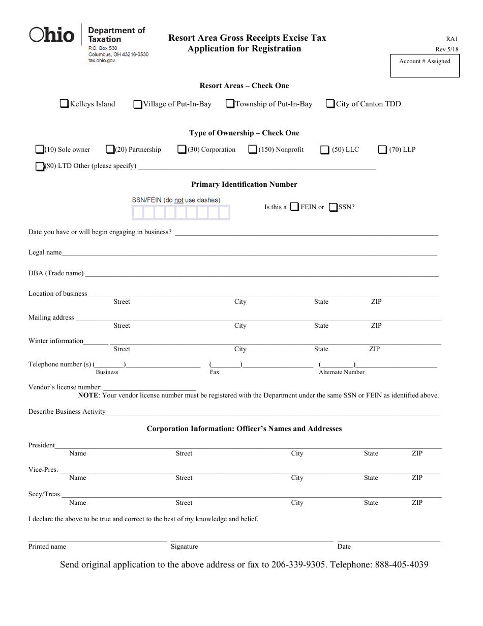 Form RA-1 Application for Registration - Resort Area Gross Receipts Excise Tax - Ohio, Page 1