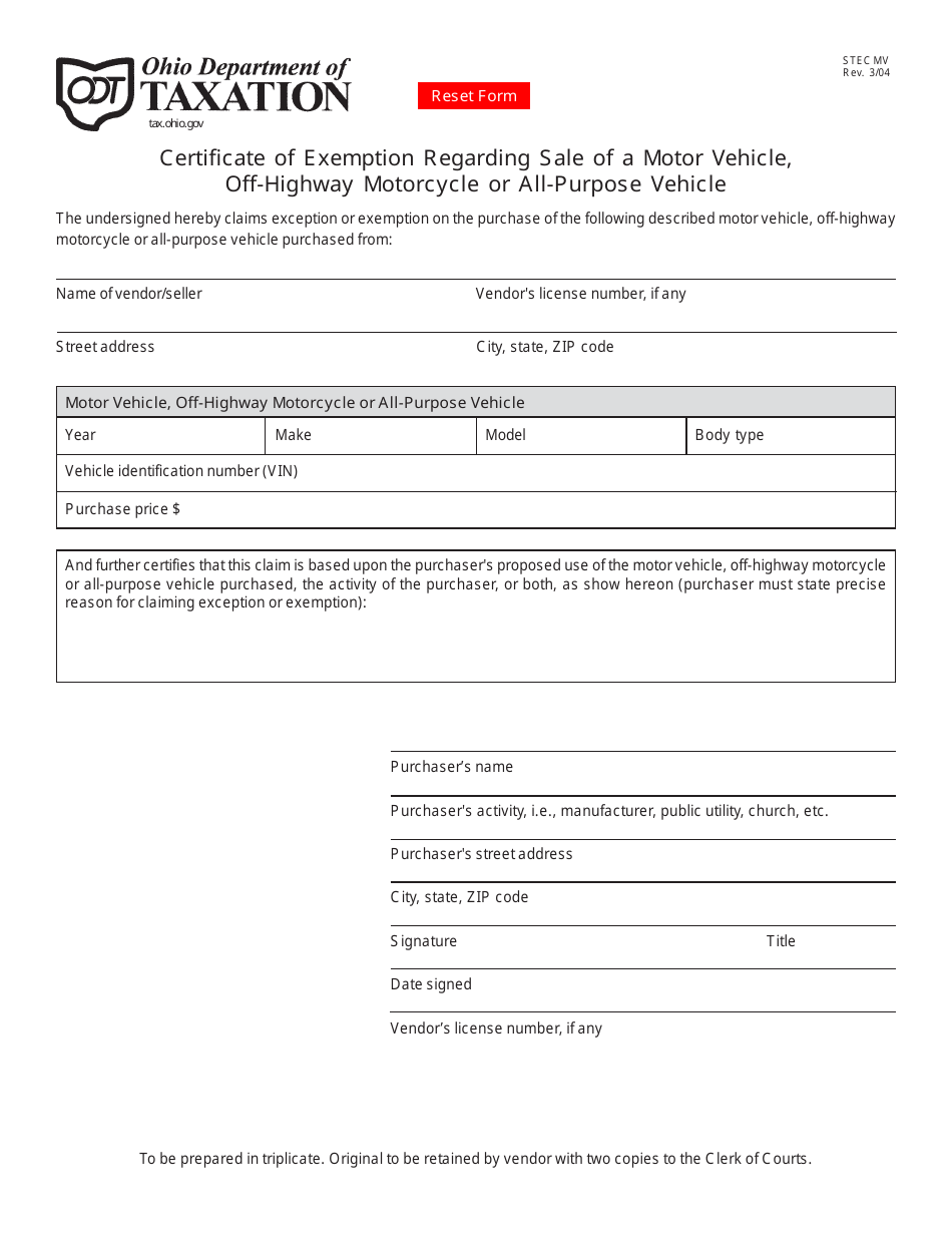 Form STEC MV Certificate of Exemption Regarding Sale of a Motor Vehicle, Off-Highway Motorcycle or All-purpose Vehicle - Ohio, Page 1