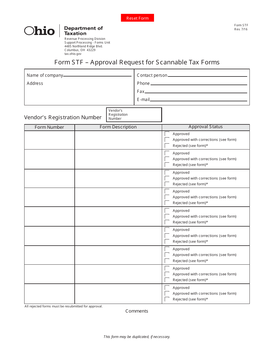 Form STF Approval Request for Scannable Tax Forms - Ohio, Page 1