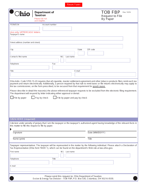 Form TOB FBP Request to File by Paper - Ohio