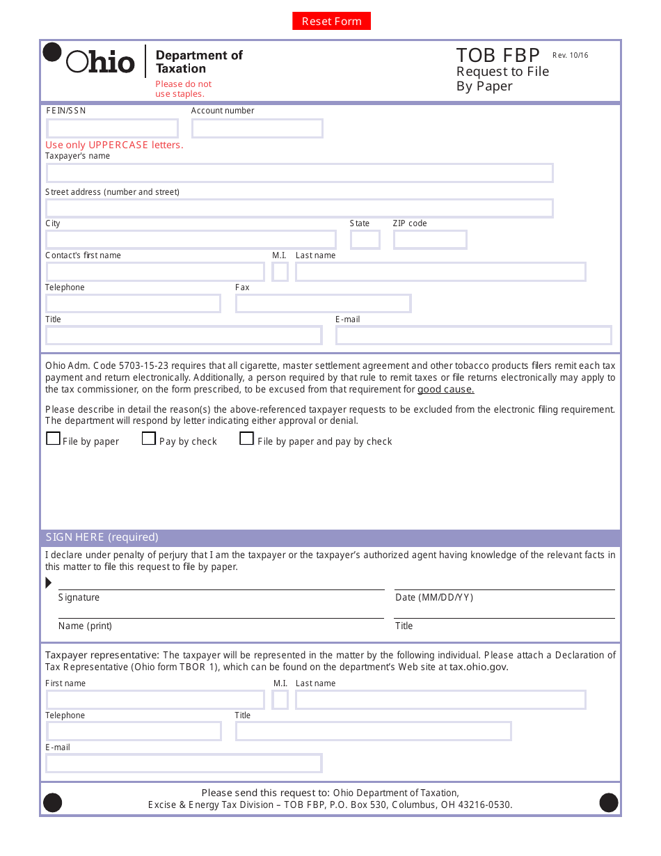 Form TOB FBP Request to File by Paper - Ohio, Page 1