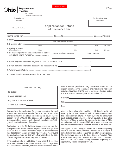 Form SV4 Application for Refund of Severance Tax - Ohio