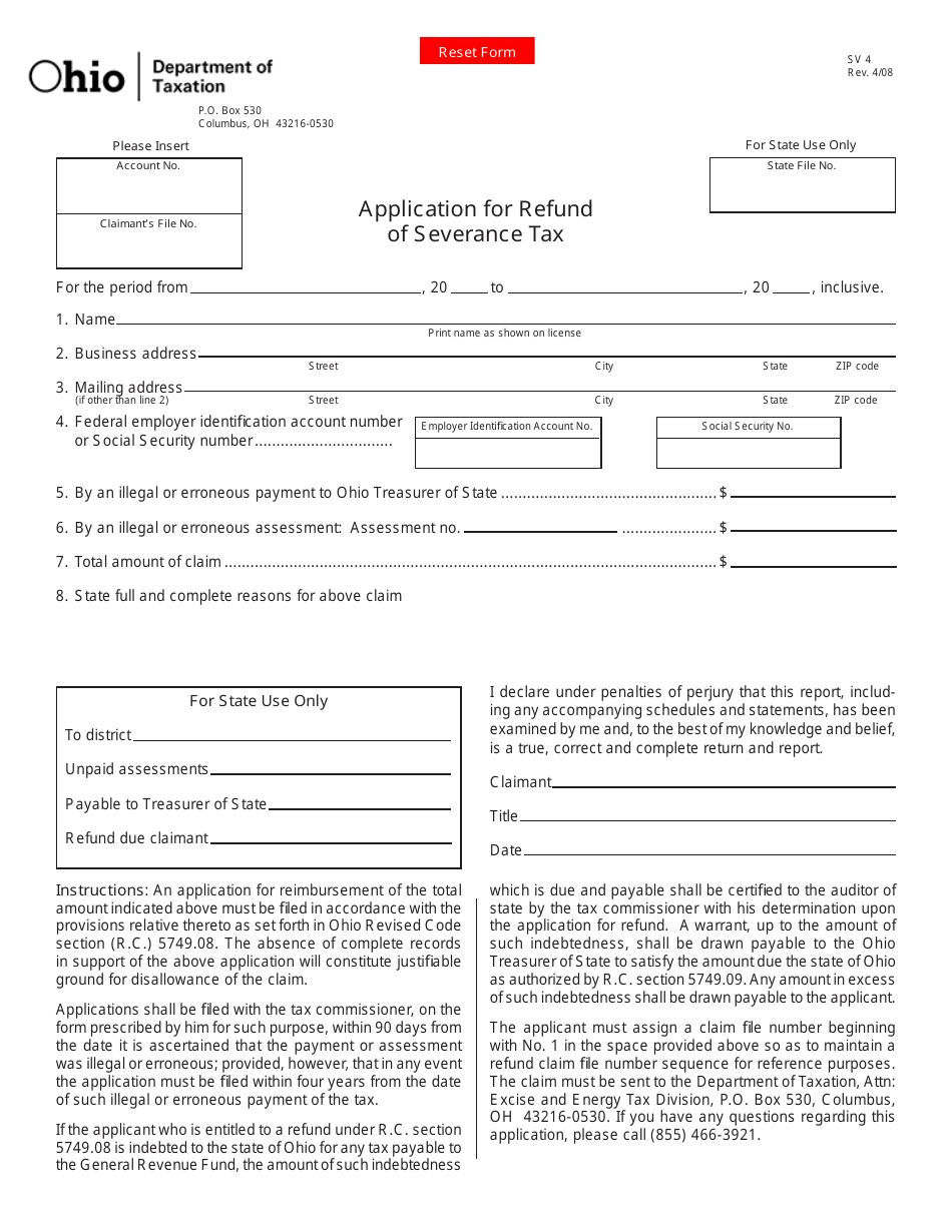 Form SV4 Application for Refund of Severance Tax - Ohio, Page 1