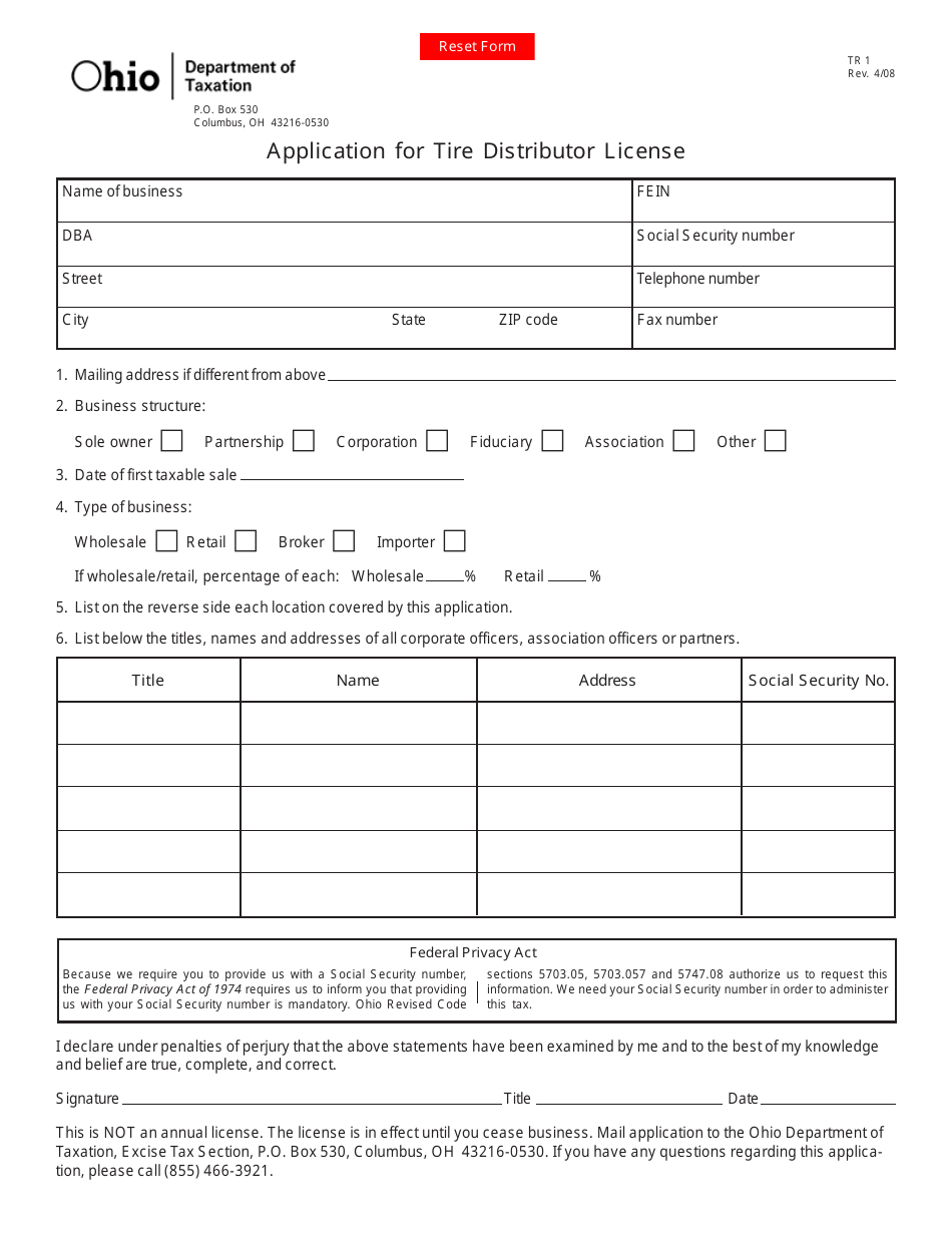 Form TR1 - Fill Out, Sign Online And Download Fillable PDF, Ohio ...