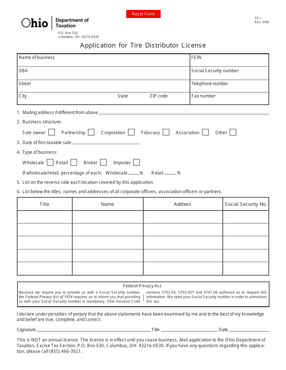 Form TR1 Application for Tire Distributor License - Ohio, Page 1