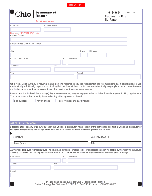 Form TR FBP Request to File by Paper - Ohio