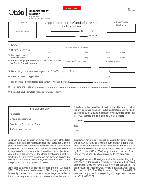 Form TR3 Application for Refund of Tire Fee - Ohio