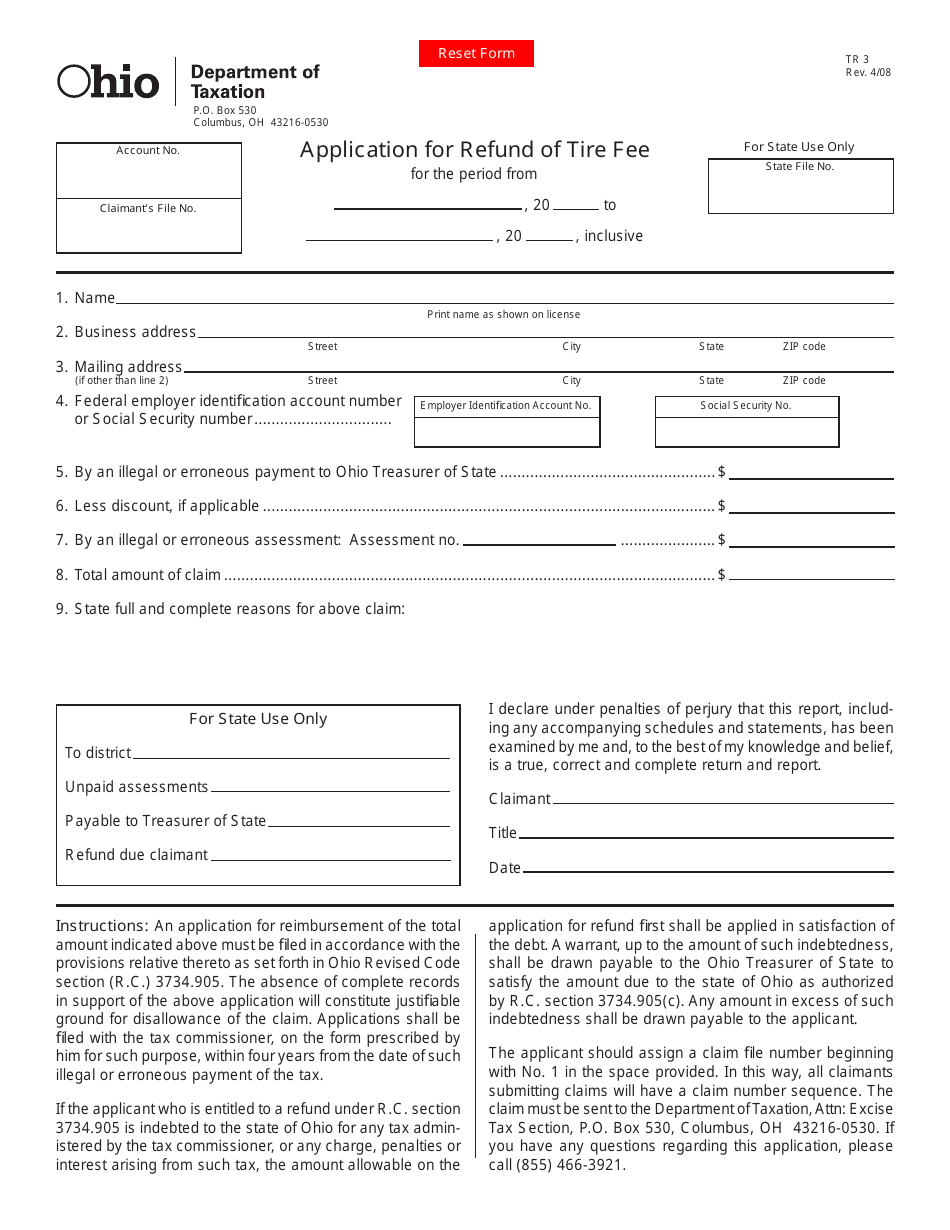 Form TR3 Application for Refund of Tire Fee - Ohio, Page 1