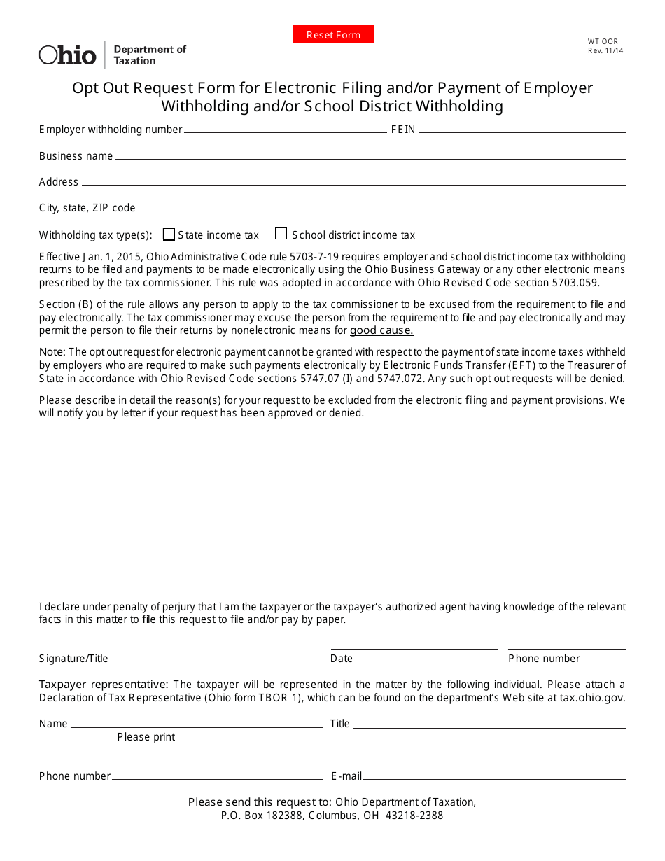 Form WT OOR Opt out Request Form for Electronic Filing and / or Payment of Employer Withholding and / or School District Withholding - Ohio, Page 1