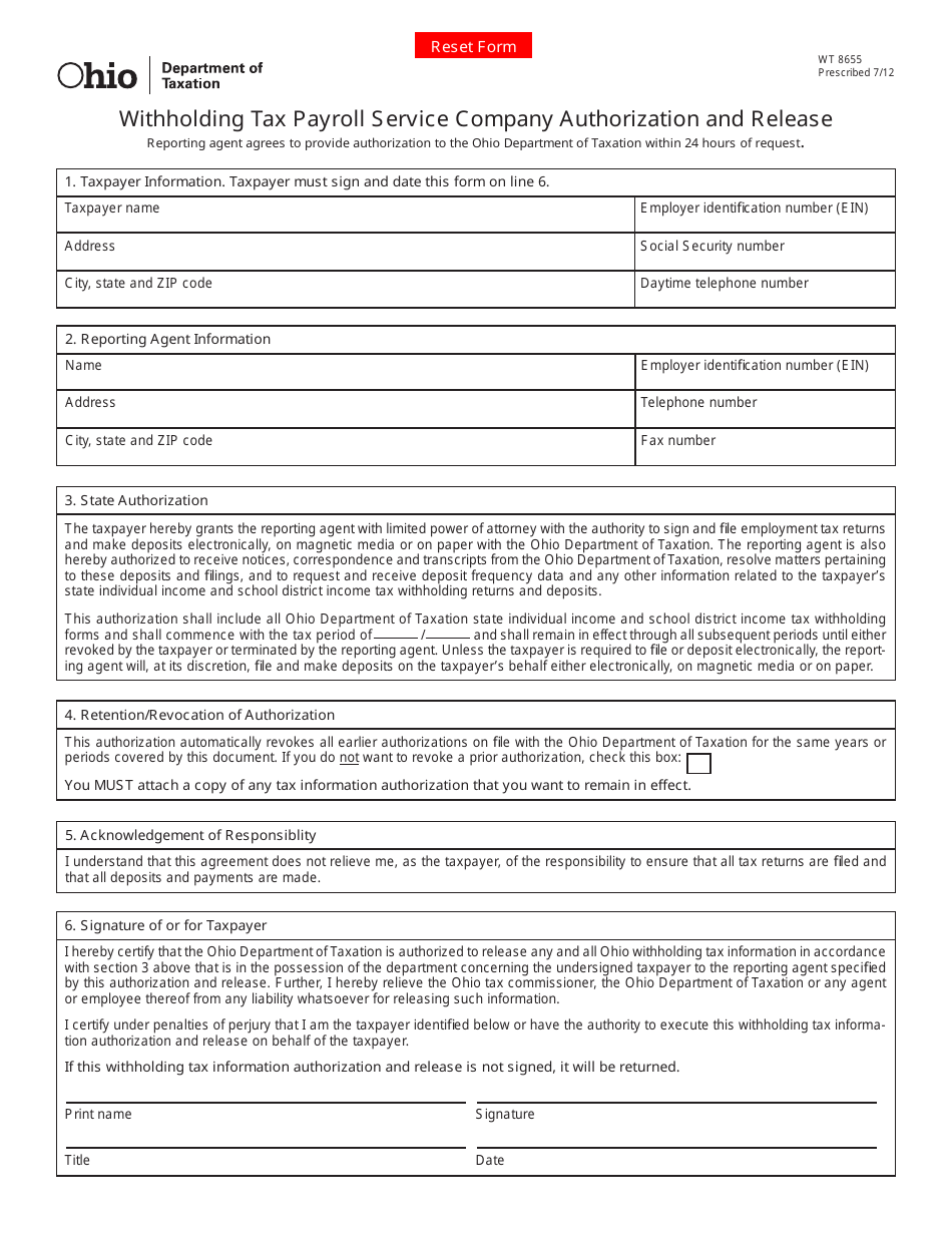 Form WT8655 Withholding Tax Payroll Service Company Authorization and Release - Ohio, Page 1