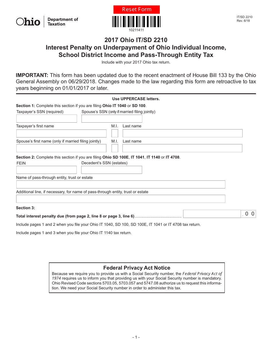 Form IT / SD2210 Interest Penalty on Underpayment of Ohio Individual Income, School District Income and Pass-Through Entity Tax - Ohio, Page 1
