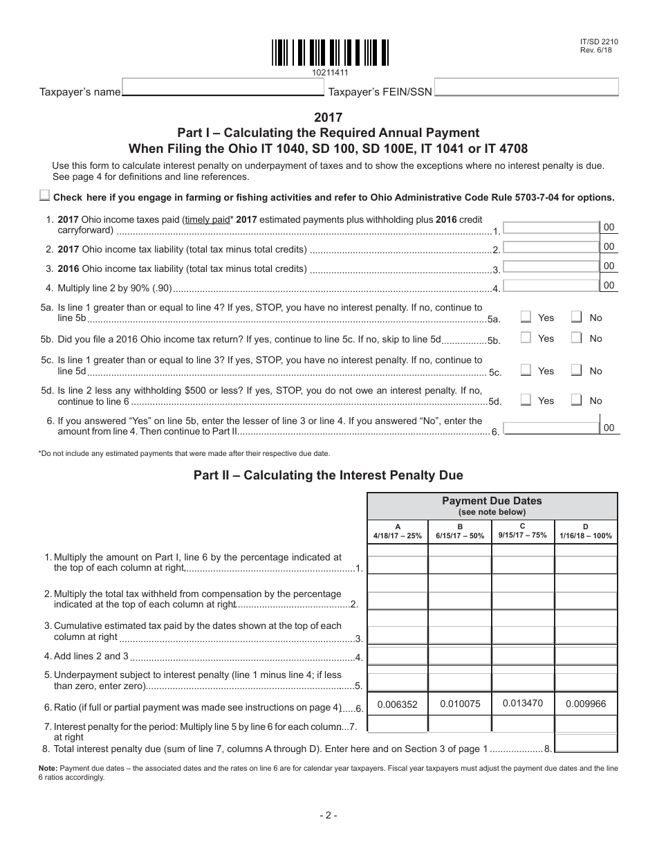 Form IT / SD2210 Interest Penalty on Underpayment of Ohio Individual Income, School District Income and Pass-Through Entity Tax - Ohio, Page 2