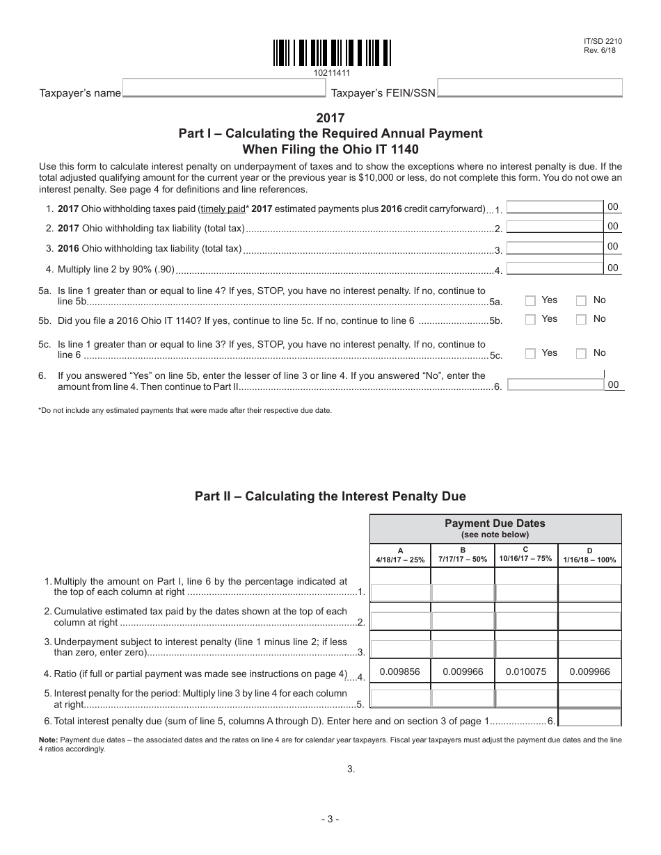 Form IT / SD2210 Interest Penalty on Underpayment of Ohio Individual Income, School District Income and Pass-Through Entity Tax - Ohio, Page 3