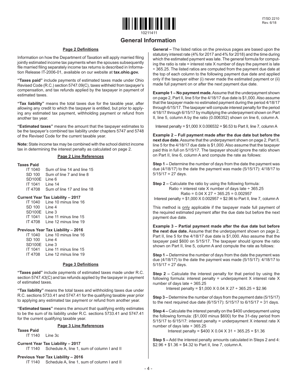 Form IT / SD2210 Interest Penalty on Underpayment of Ohio Individual Income, School District Income and Pass-Through Entity Tax - Ohio, Page 4