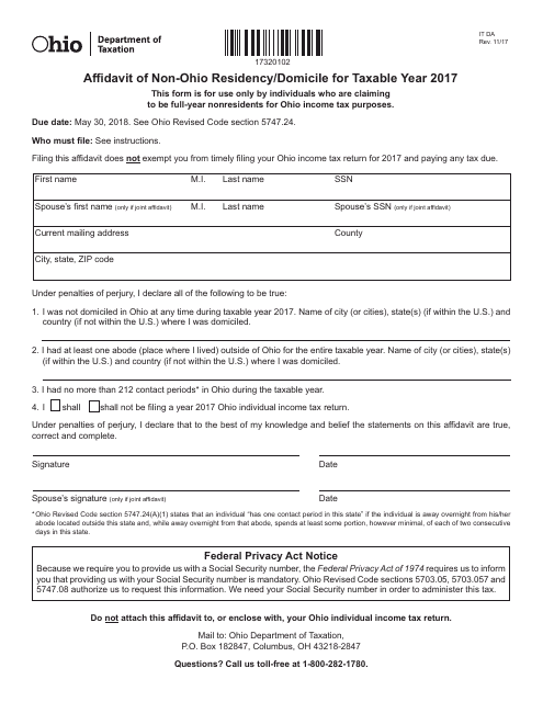 Form IT DA Affidavit of Non-ohio Residency/Domicile - Ohio, 2017