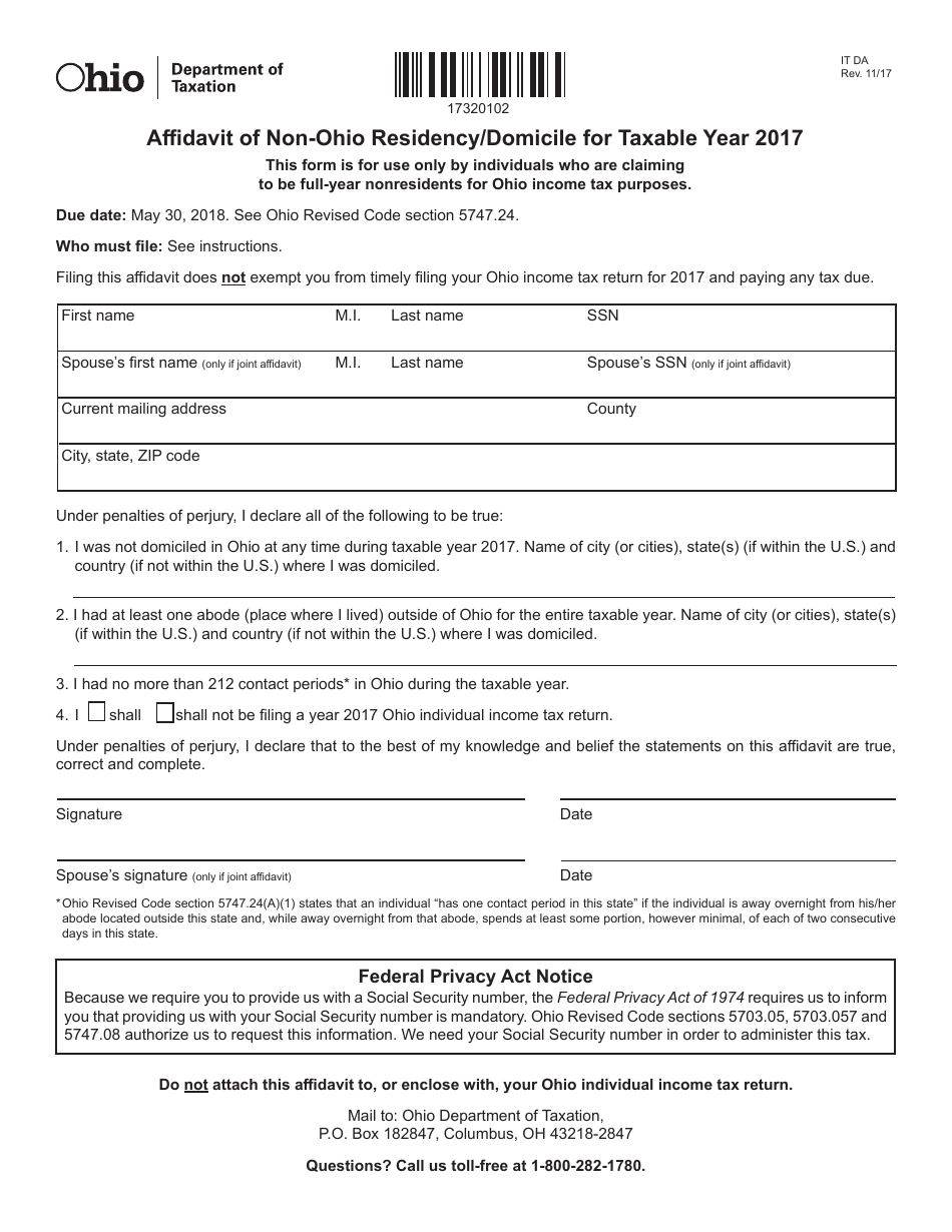 Form IT DA Affidavit of Non-ohio Residency / Domicile - Ohio, Page 1