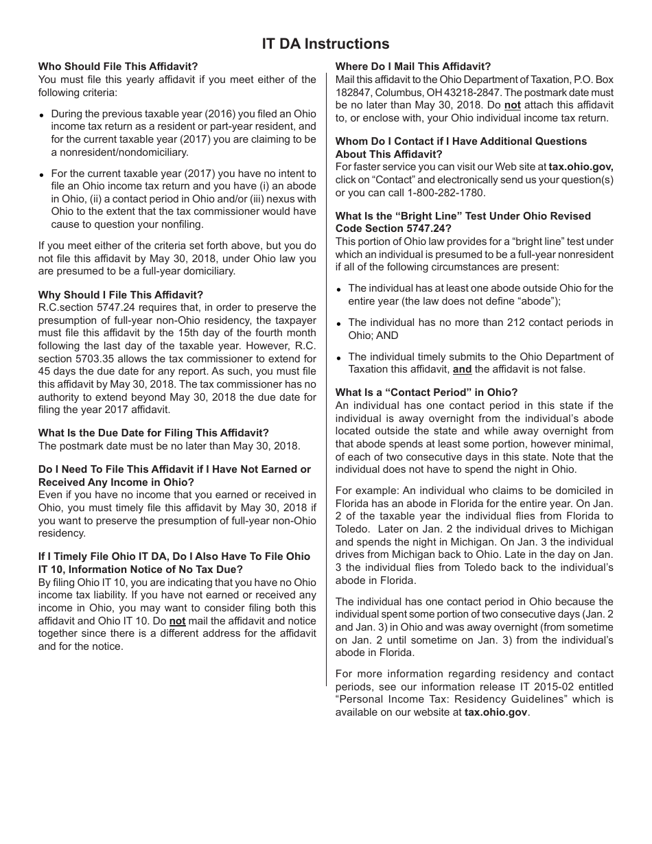 Form IT DA Affidavit of Non-ohio Residency / Domicile - Ohio, Page 2