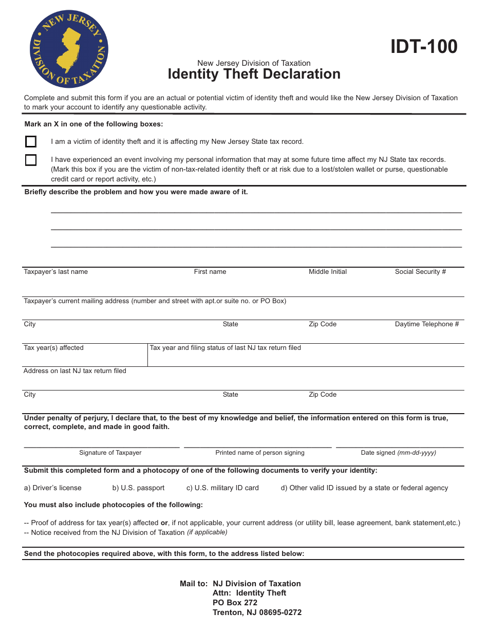 Form IDT-100 Identity Theft Declaration - New Jersey, Page 1