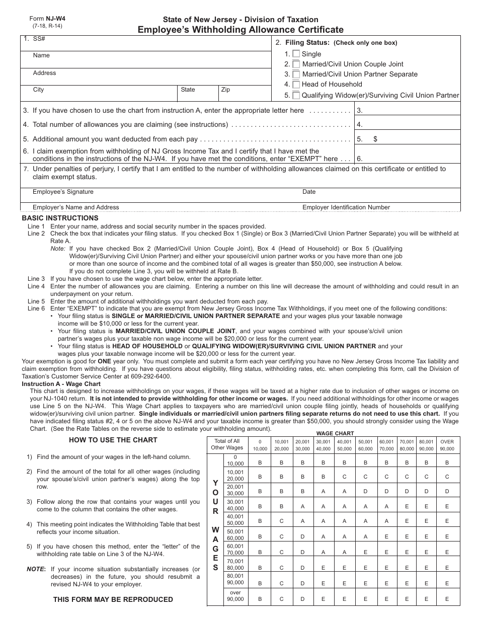 Form NJW4 Fill Out, Sign Online and Download Fillable PDF, New