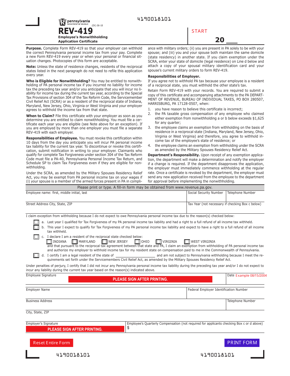 Form REV-419 Employees Nonwithholding Application Certificate - Pennsylvania, Page 1