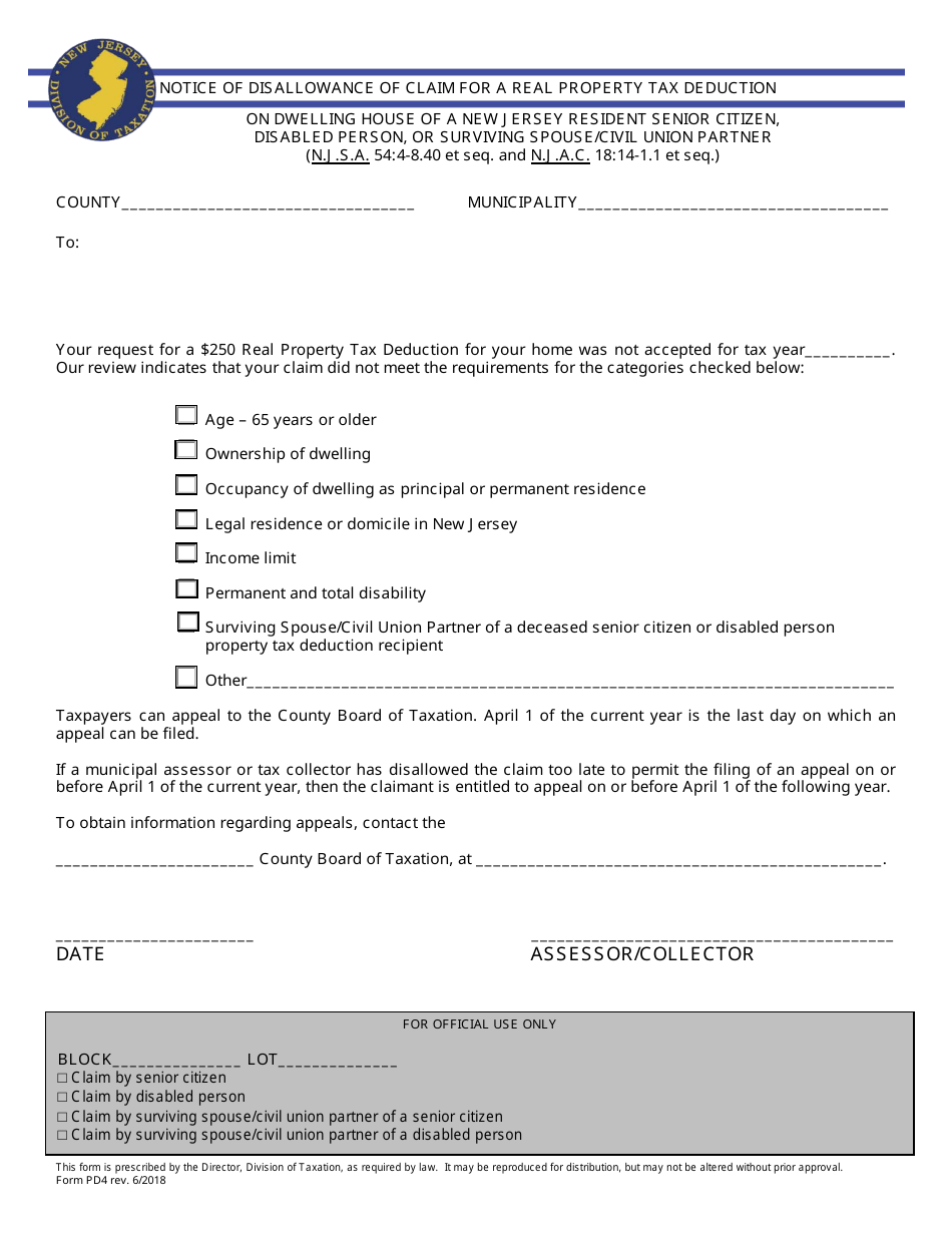Form PD4 Notice of Disallowance of Claim for a Real Property Tax Deduction - New Jersey, Page 1