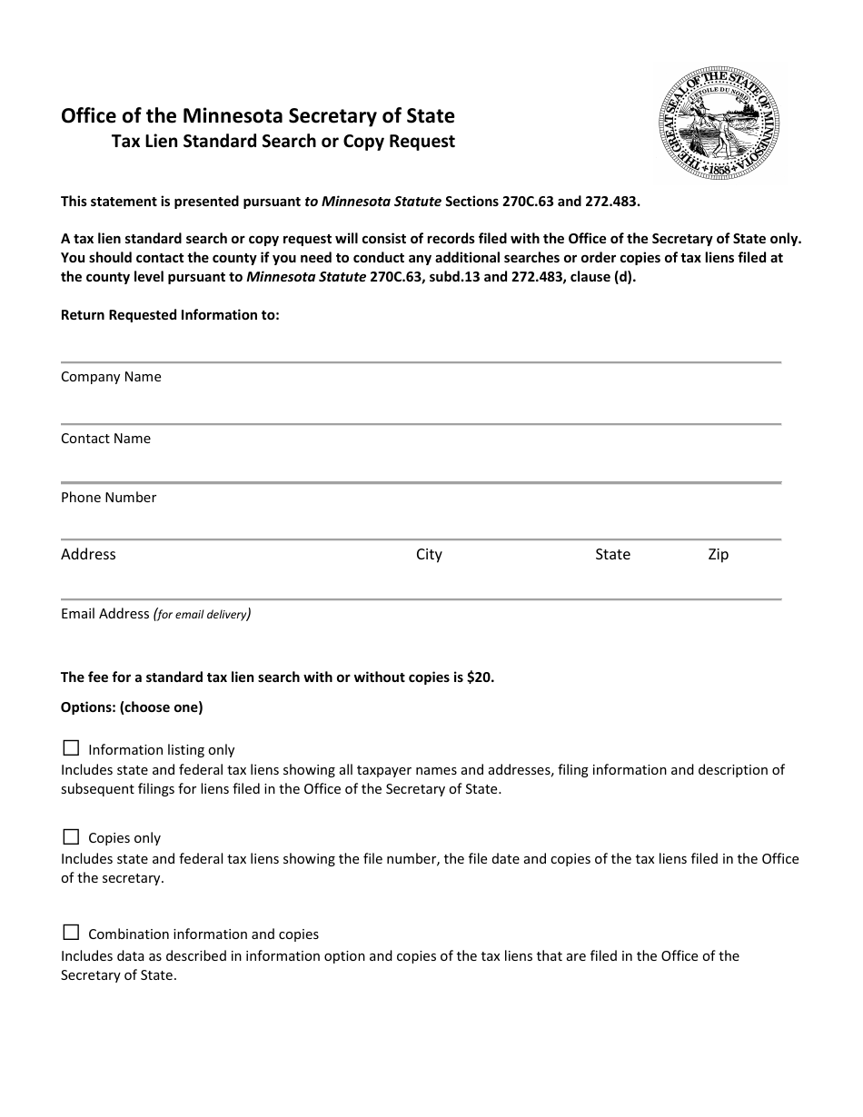 Minnesota Tax Lien Standard Search or Copy Request Fill Out, Sign