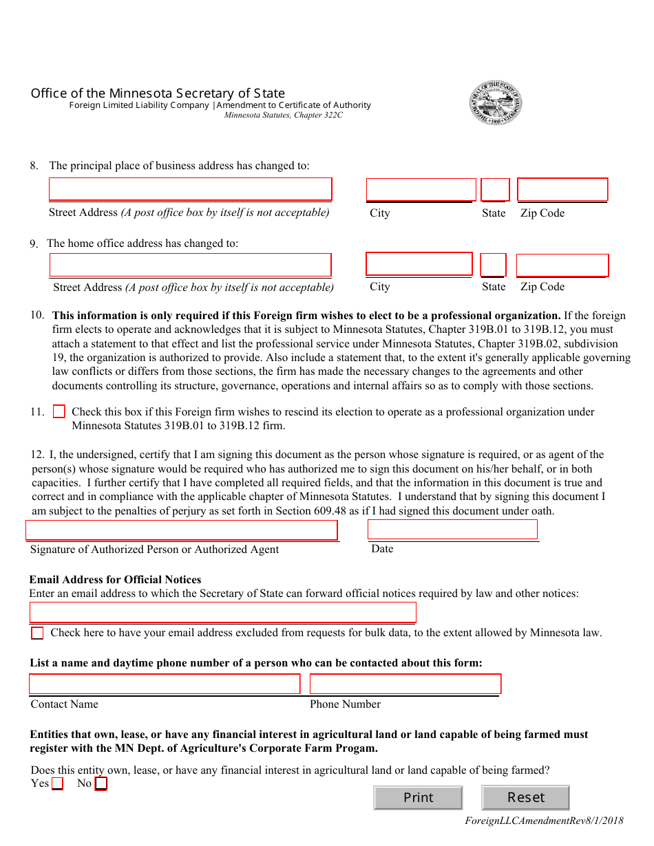 Foreign Limited Liability Company Amendment to Certificate of Authority - Minnesota, Page 2