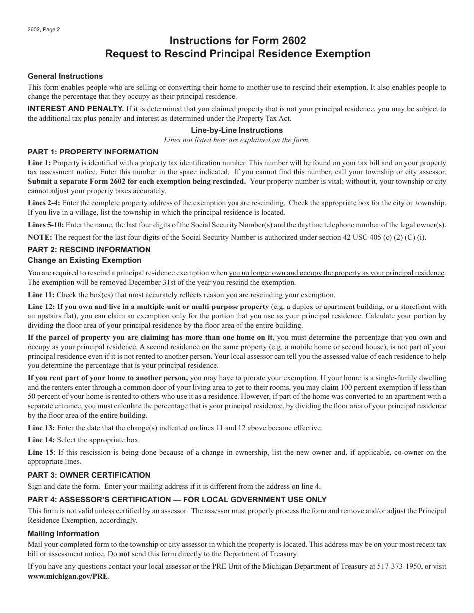 Form 2602 Request to Rescind Principal Residence Exemption (Pre) - Michigan, Page 2