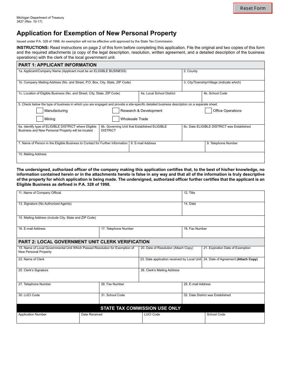 Form 3427 Application for Exemption of New Personal Property - Michigan, Page 1