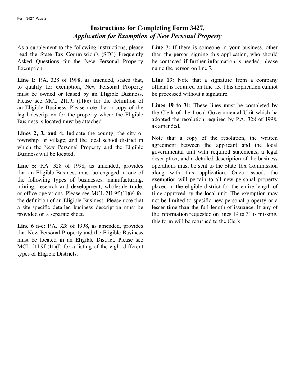 Form 3427 Application for Exemption of New Personal Property - Michigan, Page 2