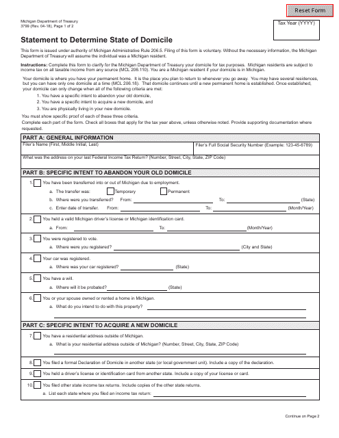 Form 3799 Statement to Determine State of Domicile - Michigan
