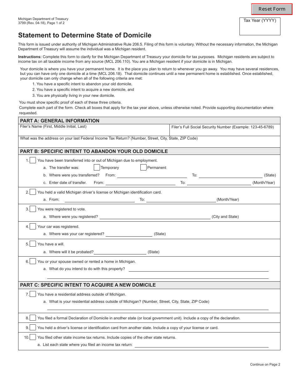 Form 3799 Statement to Determine State of Domicile - Michigan, Page 1