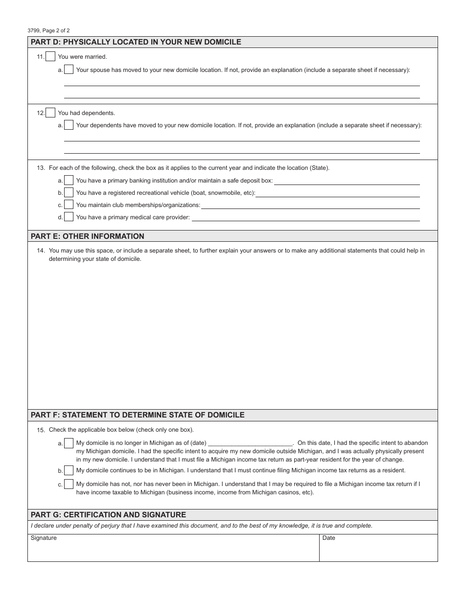 Form 3799 Statement to Determine State of Domicile - Michigan, Page 2