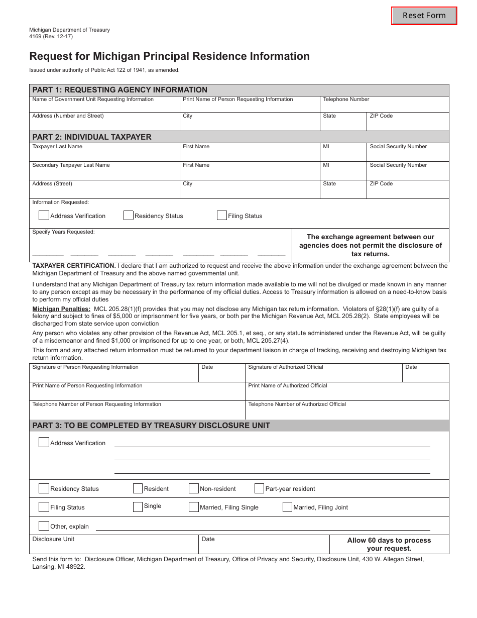 Form 4169 Request for Michigan Principal Residence Information - Michigan, Page 1
