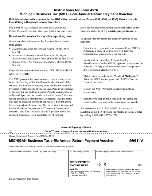 Form 4576 (MBT-V) Michigan Business Tax E-File Annual Return Payment Voucher - Michigan