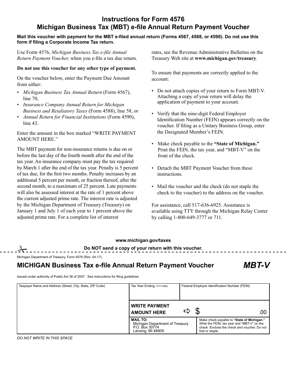 Form 4576 (MBT-V) Michigan Business Tax E-File Annual Return Payment Voucher - Michigan, Page 1