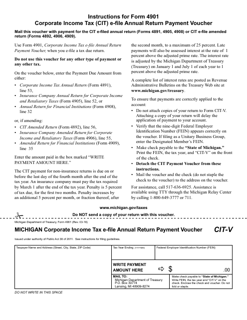 Form 4901 (CIT-V) Michigan Corporate Income Tax E-File Annual Return Payment Voucher - Michigan