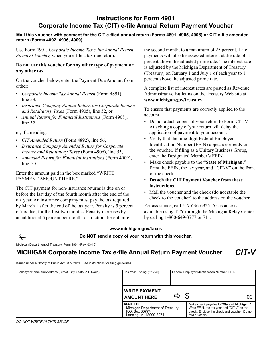 Form 4901 (CIT-V) Michigan Corporate Income Tax E-File Annual Return Payment Voucher - Michigan, Page 1