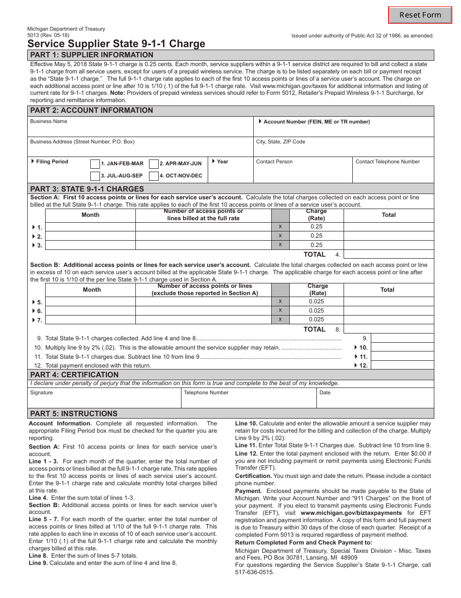 Form 5013 Service Supplier State 9-1-1 Charge - Michigan, Page 1