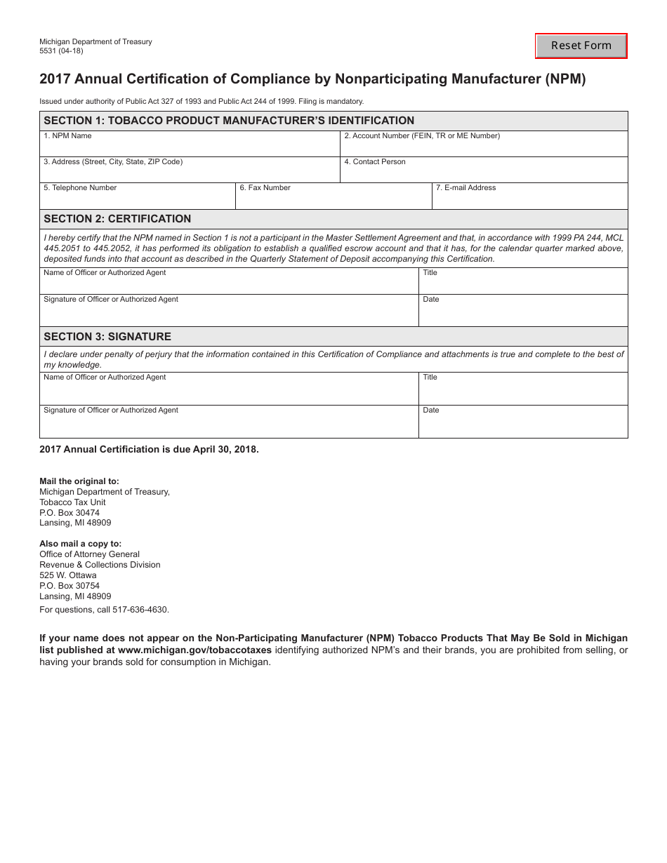 Form 5531 Annual Certification of Compliance by Nonparticipating Manufacturer (Npm) - Michigan, Page 1