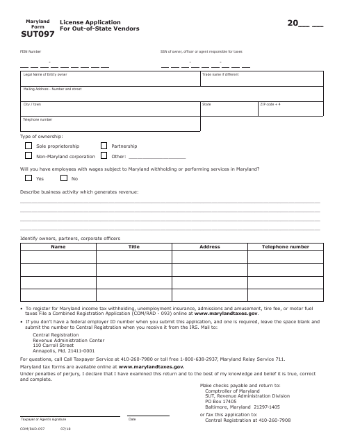 Form COM/RAD-097 (Maryland Form SUT097) License Application for Out-of-State Vendors - Maryland
