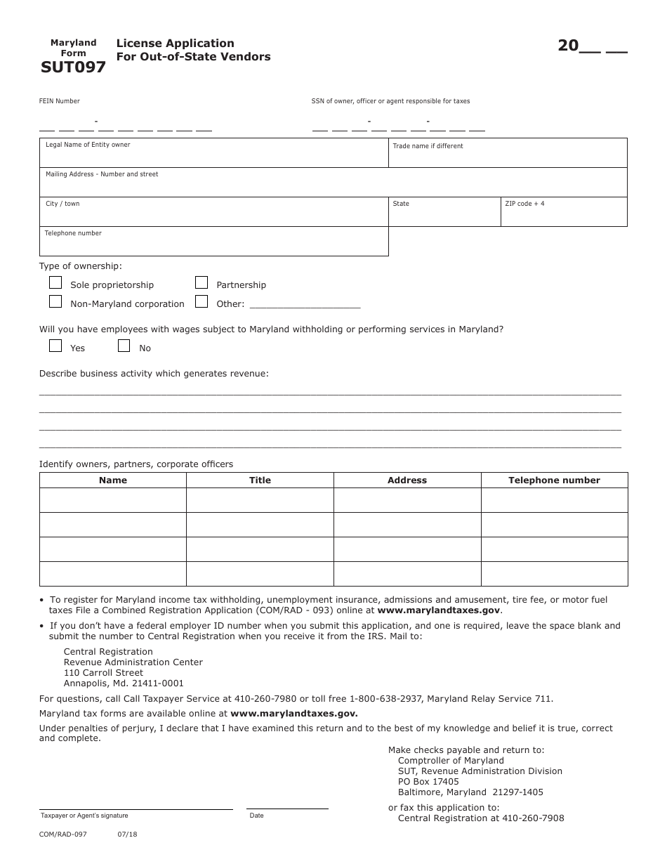 Form COM / RAD-097 (Maryland Form SUT097) License Application for Out-of-State Vendors - Maryland, Page 1