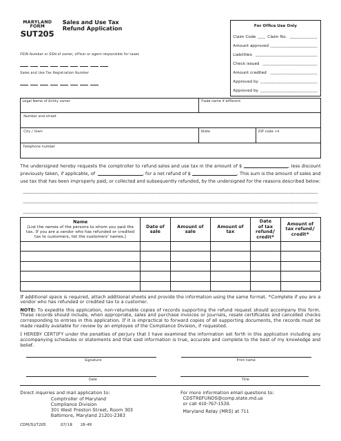 Form COM/ST-205 (Maryland Form SUT205) Sales and Use Tax Refund Application - Maryland