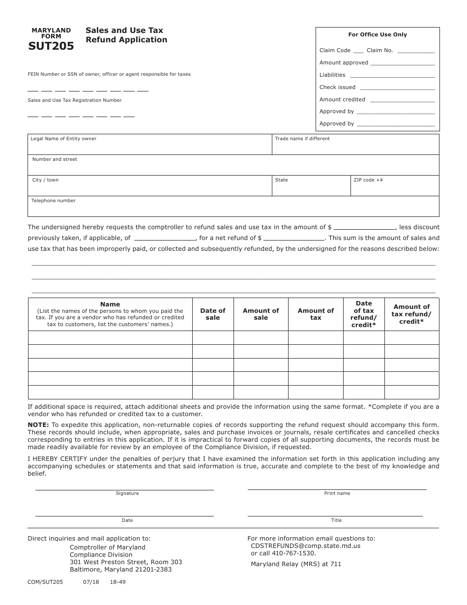 Form COM / ST-205 (Maryland Form SUT205) Sales and Use Tax Refund Application - Maryland, Page 1